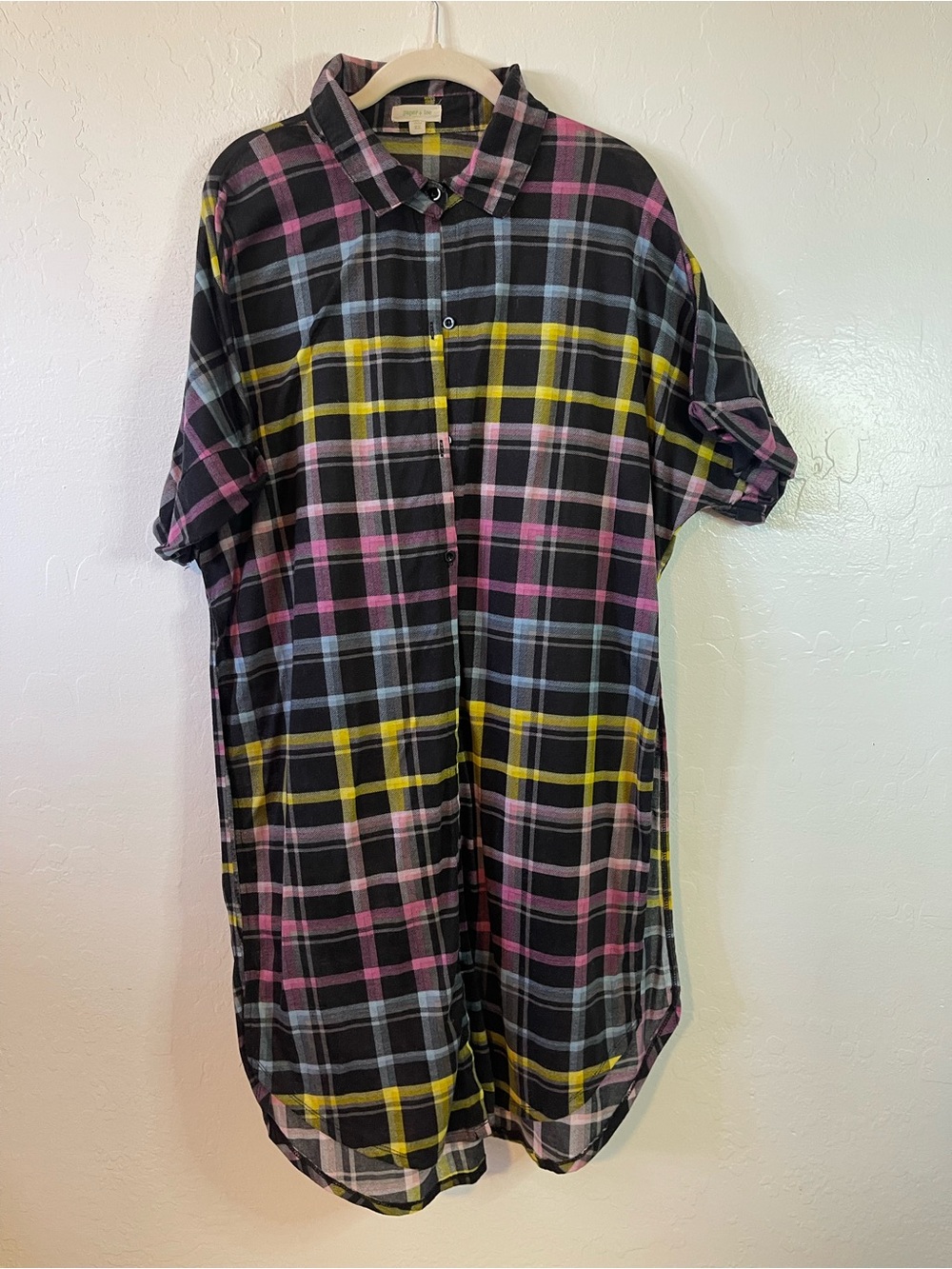 paper tee Black Plaid Shirt with Pink & Yellow Accents